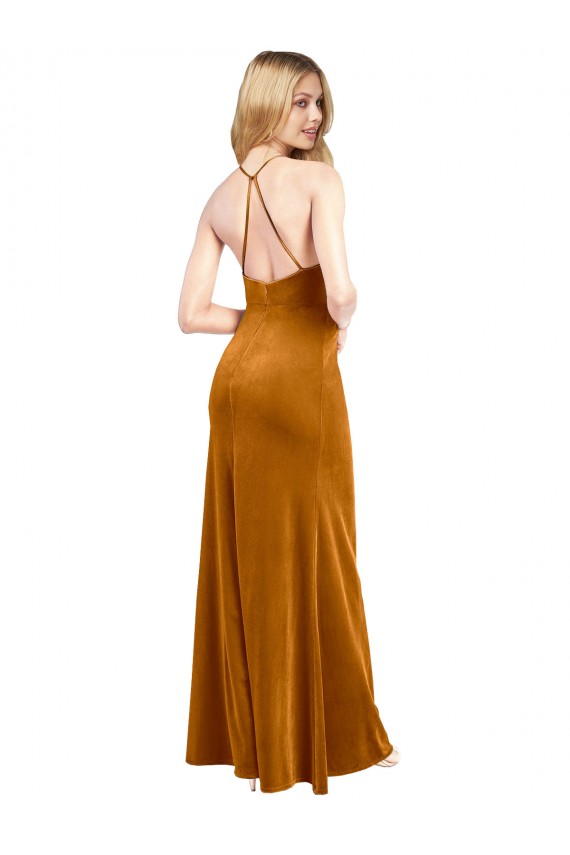 Sem Mangas Decote Alto Veludo Elástico Ouro Comprimento Chão Vestidos de Madrinha / Vestidos de Noite / Vestidos de Festa Mais Barato