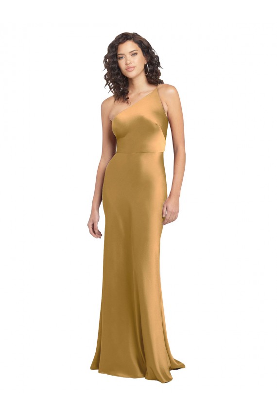 Sem Mangas Um Ombro Cetim Elástico Ouro Comprimento Chão Vestidos de Madrinha / Vestidos de Noite / Vestidos de Festa Mais Barato