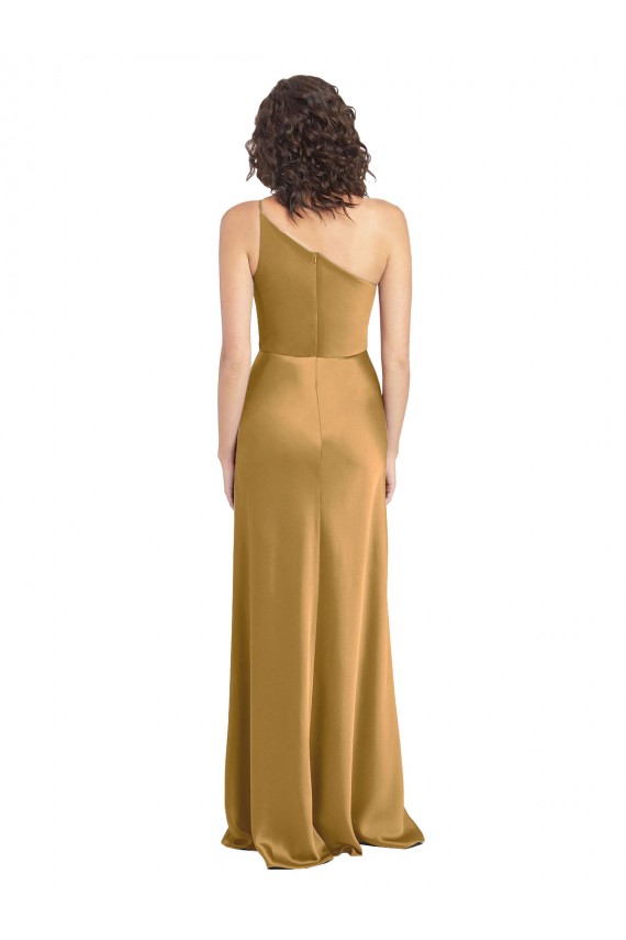 Sem Mangas Um Ombro Cetim Elástico Ouro Comprimento Chão Vestidos de Madrinha / Vestidos de Noite / Vestidos de Festa Mais Barato