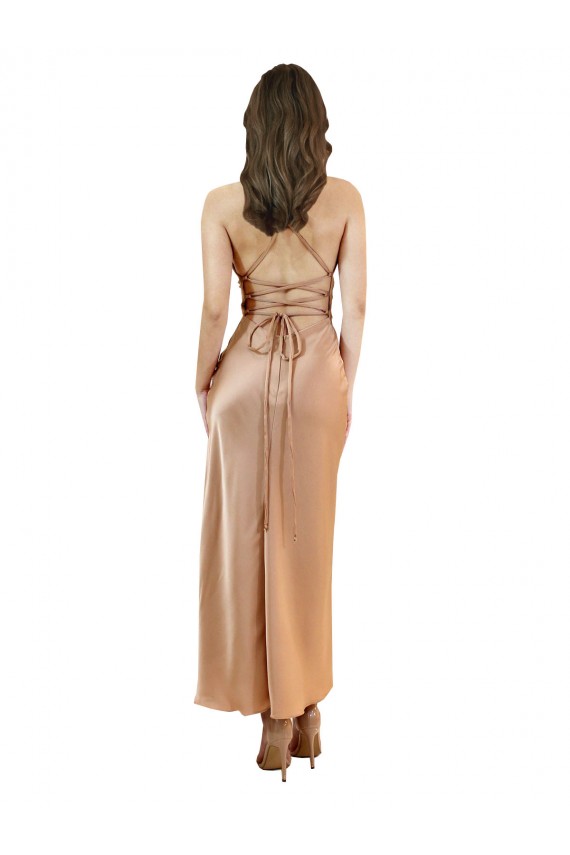 Sem Mangas Decote Capuz Cetim Sedoso Ouro Rosa Comprimento Midi Vestidos de Madrinha / Vestidos de Noite / Vestidos de Festa Mais Barato