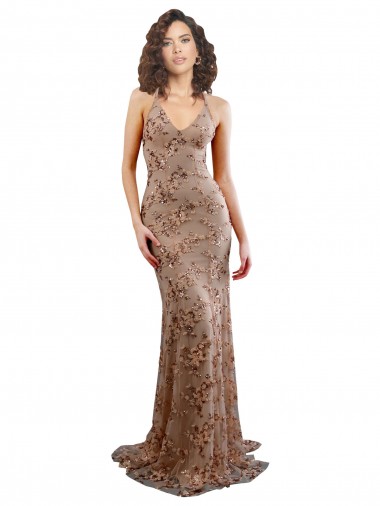 Sem Mangas Decote Alto Crepe Esticado & Lantejoulas Tule Ouro Rosa Comprimento Chão Vestidos de Madrinha / Vestidos de Noite / Vestidos de Festa Mais Barato