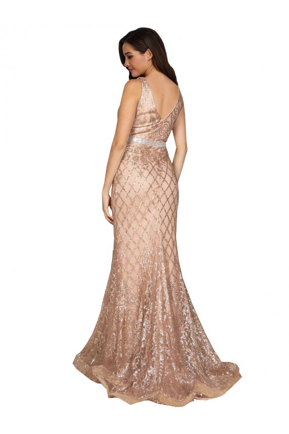 Sem Mangas Decote V Lantejoulas & Lantejoulas Espumantes Ouro Rosa Comprimento Chão Vestidos de Madrinha / Vestidos de Noite / Vestidos de Festa Mais Barato
