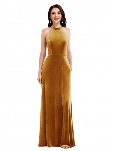 Sem Mangas Decote Alto Veludo Elástico Ouro Comprimento Chão Vestidos de Madrinha / Vestidos de Festa Mais Barato