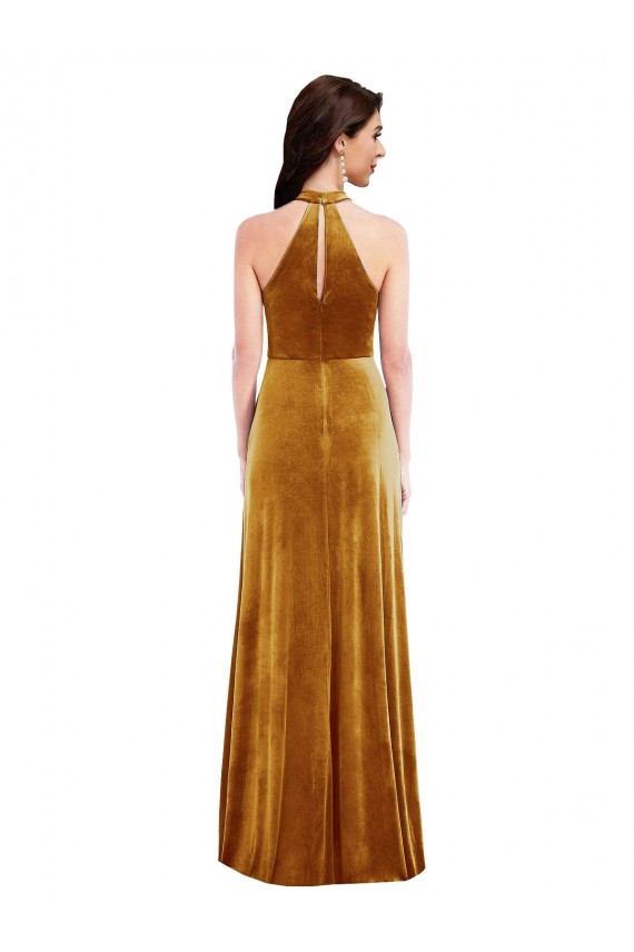 Sem Mangas Decote Alto Veludo Elástico Ouro Comprimento Chão Vestidos de Madrinha / Vestidos de Festa Mais Barato