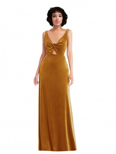 Sem Mangas Decote V Veludo Elástico Ouro Comprimento Chão Vestidos de Madrinha / Vestidos de Festa Mais Barato