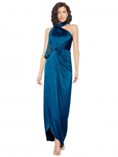 Sem Mangas Decote Alto Cetim Sedoso Pavão Azul Comprimento Chão Vestidos de Madrinha / Vestidos de Noite / Vestidos de Festa Mais Barato