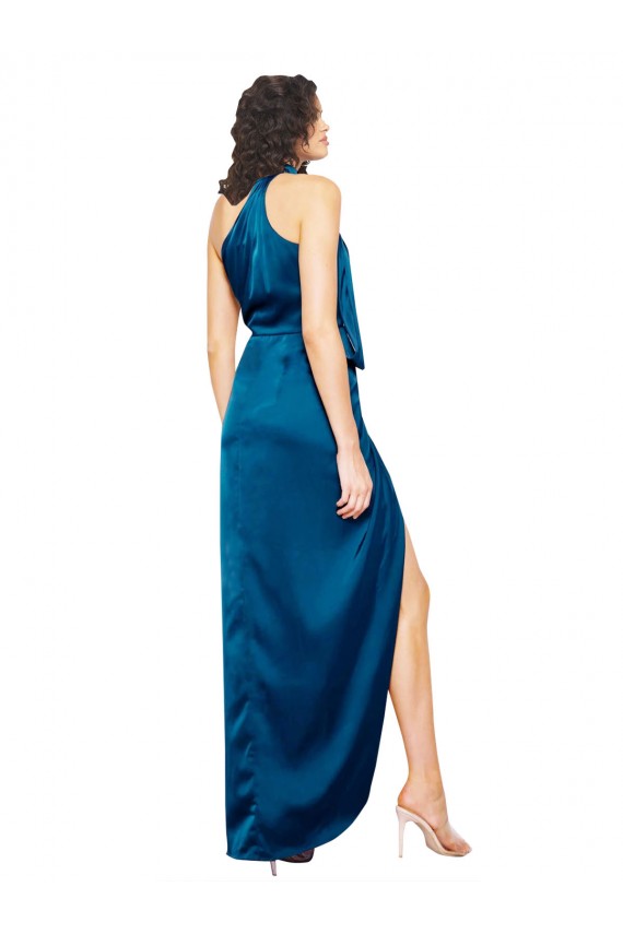 Sem Mangas Decote Alto Cetim Sedoso Pavão Azul Comprimento Chão Vestidos de Madrinha / Vestidos de Noite / Vestidos de Festa Mais Barato