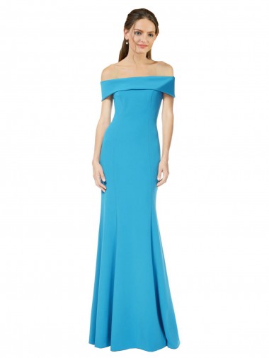 Sem Mangas Fora do Ombro Crepe Esticado Pavão Azul Comprimento Chão Vestidos de Madrinha / Vestidos de Noite / Vestidos de Festa Mais Barato