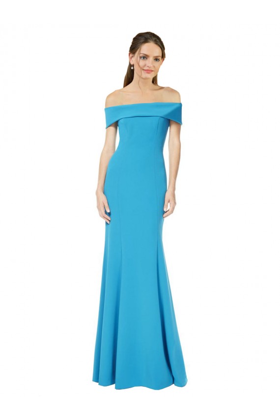 Sem Mangas Fora do Ombro Crepe Esticado Pavão Azul Comprimento Chão Vestidos de Madrinha / Vestidos de Noite / Vestidos de Festa Mais Barato