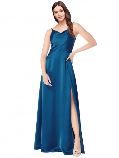 Sem Mangas Decote Capuz Cetim Sedoso Pavão Azul Comprimento Chão Vestidos de Madrinha / Vestidos de Noite / Vestidos de Festa Mais Barato