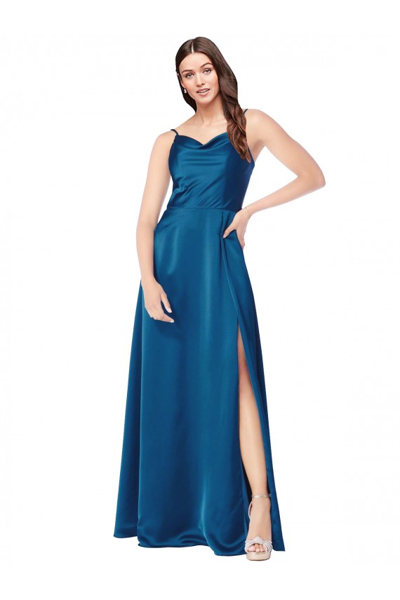 Sem Mangas Decote Capuz Cetim Sedoso Pavão Azul Comprimento Chão Vestidos de Madrinha / Vestidos de Noite / Vestidos de Festa Mais Barato