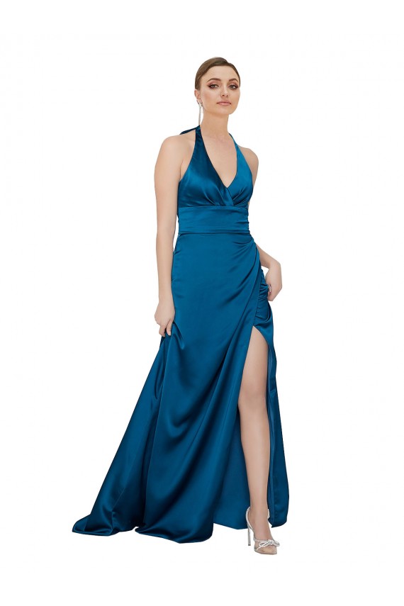 Sem Mangas Cabeçada Cetim Sedoso Pavão Azul Comprimento Chão Vestidos de Madrinha / Vestidos de Noite / Vestidos de Festa Mais Barato