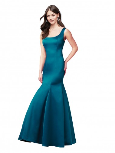 Sem Mangas Barco Cetim Pavão Azul Comprimento Chão Vestidos de Madrinha / Vestidos de Festa Mais Barato