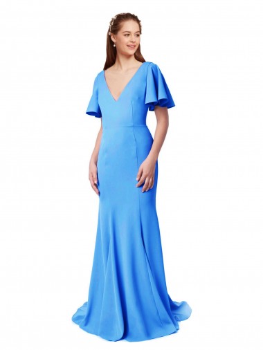 Mangas Curtas Decote V Crepe Esticado Pavão Azul Comboio Varredela Vestidos de Madrinha / Vestidos de Festa Mais Barato