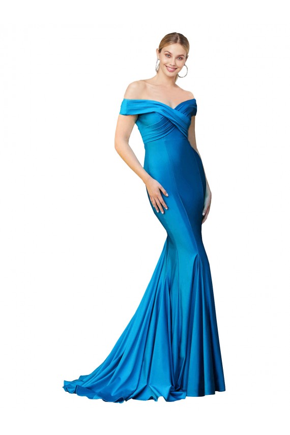 Sem Mangas Decote Alto Cetim Pavão Azul Comprimento Chão Vestidos de Madrinha / Vestidos de Noite / Vestidos de Festa Mais Barato