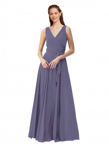 Sem Mangas Decote V Chiffon Pedra Prateada Comprimento Chão Vestidos de Madrinha Mais Barato
