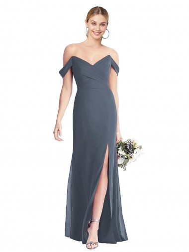 Sem Mangas Fora do Ombro Chiffon Pedra Prateada Comprimento Chão Vestidos de Madrinha Mais Barato