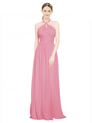 Sem Mangas Decote V Chiffon Pele Rosa Comprimento Chão Vestidos de Madrinha Mais Barato