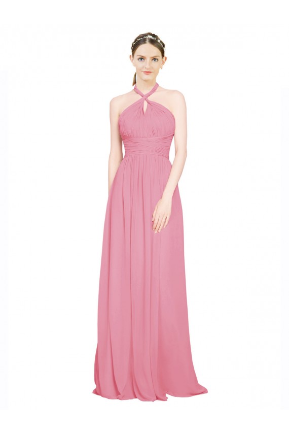 Sem Mangas Decote V Chiffon Pele Rosa Comprimento Chão Vestidos de Madrinha Mais Barato