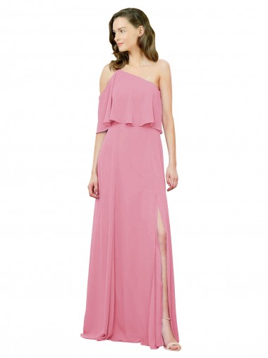 Sem Mangas Um Ombro Chiffon Pele Rosa Comprimento Chão Vestidos de Festa Mais Barato