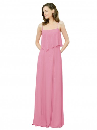 Sem Mangas Alças finas Chiffon Pele Rosa Comprimento Chão Vestidos de Madrinha Mais Barato