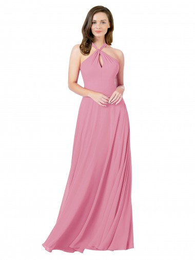 Sem Mangas Cabeçada Chiffon Pele Rosa Comprimento Chão Vestidos de Madrinha / Vestidos de Festa Mais Barato