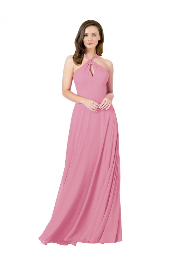 Sem Mangas Cabeçada Chiffon Pele Rosa Comprimento Chão Vestidos de Madrinha / Vestidos de Festa Mais Barato