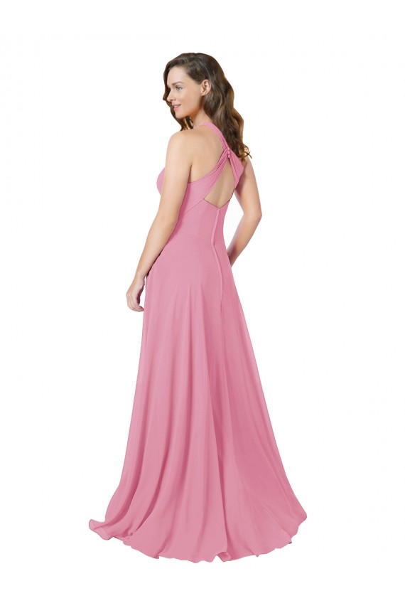 Sem Mangas Cabeçada Chiffon Pele Rosa Comprimento Chão Vestidos de Madrinha / Vestidos de Festa Mais Barato