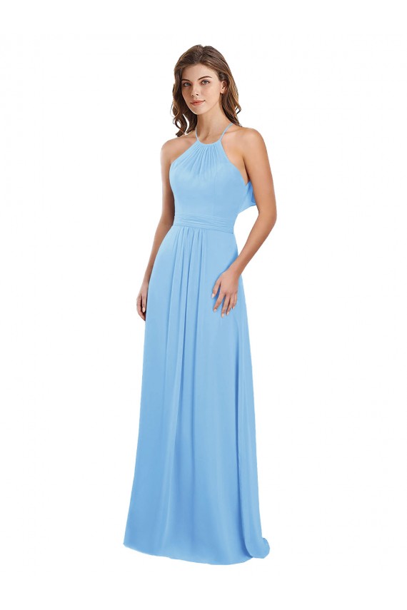 Sem Mangas Cabeçada Chiffon Pervinca Comprimento Chão Vestidos de Festa Mais Barato