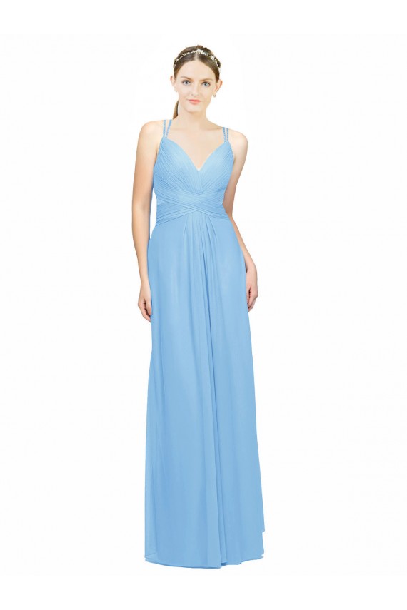 Sem Mangas Decote V Chiffon Pervinca Comprimento Chão Vestidos de Madrinha Mais Barato