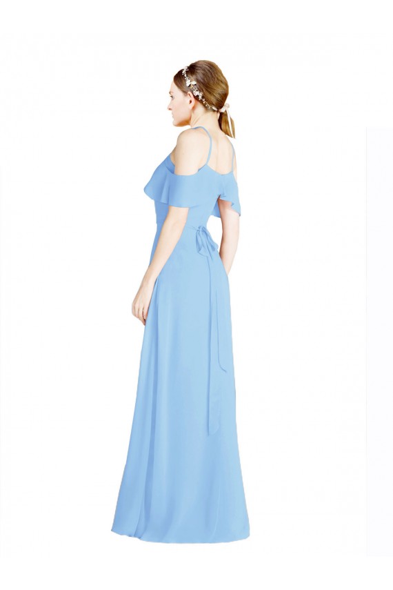Ombro Frio Cabeçada Chiffon Pervinca Comprimento Chão Vestidos de Madrinha Mais Barato