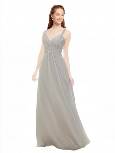 Sem Mangas Decote V Chiffon Prata Comprimento Chão Longo Vestidos de Madrinha Mais Barato