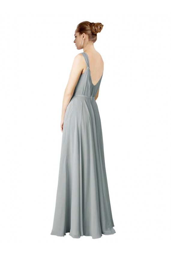 Sem Mangas Decote V Chiffon Prata Comprimento Chão Vestidos de Madrinha Mais Barato