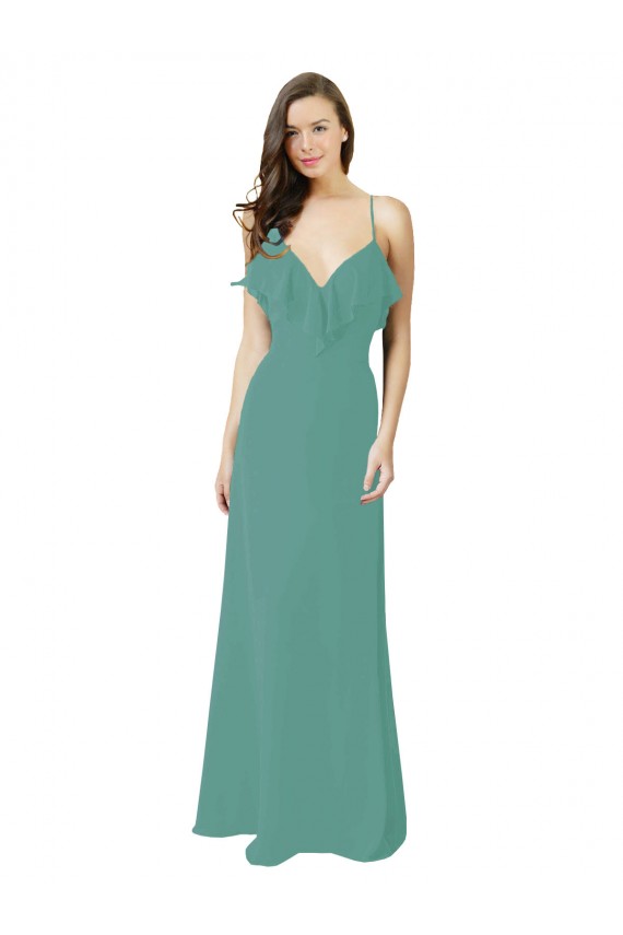 Sem Mangas Decote V Chiffon Prata Islandesa Comprimento Chão Longo Vestidos de Madrinha Mais Barato