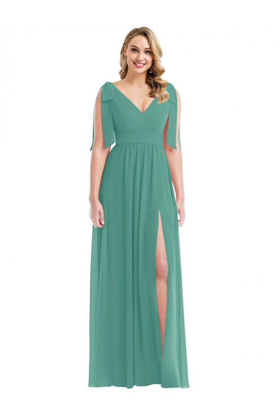 Sem Mangas Decote V Chiffon Prata Islandesa Comprimento Chão Vestidos de Madrinha Mais Barato