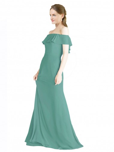 Sem Mangas Fora do Ombro Chiffon Prata Islandesa Comprimento Chão Vestidos de Madrinha Mais Barato