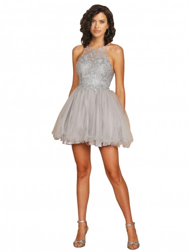 Sem Mangas Cabeçada Tule Prata Curto Vestidos de Madrinha / Vestidos de Cocktail / Vestidos de Homecoming Mais Barato