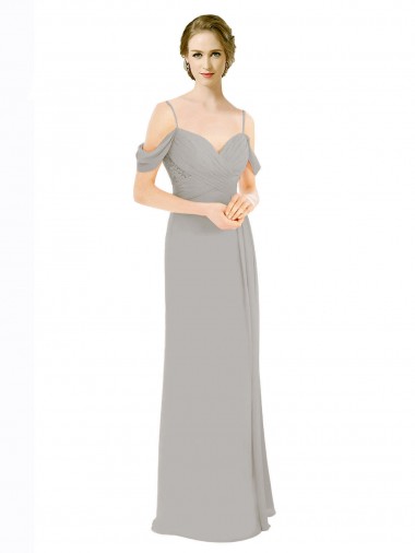 Ombro Frio Amor Chiffon & Renda Prata Comprimento Chão Vestidos de Madrinha Mais Barato