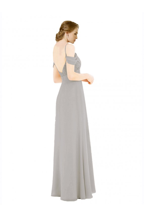 Ombro Frio Amor Chiffon & Renda Prata Comprimento Chão Vestidos de Madrinha Mais Barato
