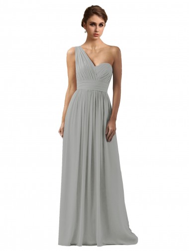 Sem Mangas Um Ombro Chiffon Prata Comprimento Chão Vestidos de Madrinha Mais Barato