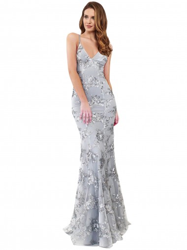 Sem Mangas Decote Alto Crepe Esticado & Lantejoulas Tule Prata Comprimento Chão Vestidos de Madrinha / Vestidos de Noite / Vestidos de Festa Mais Barato