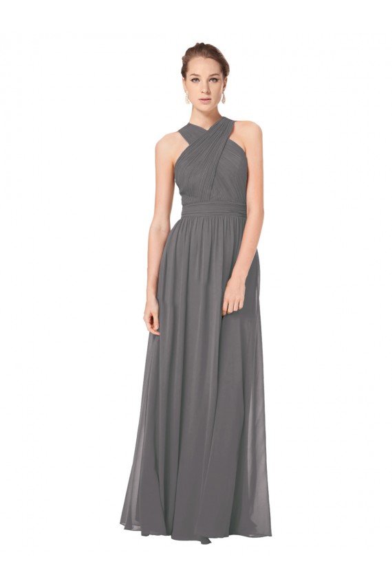 Sem Mangas Cabeçada Chiffon Prata Tempestuosa Comprimento Chão Vestidos de Madrinha Mais Barato