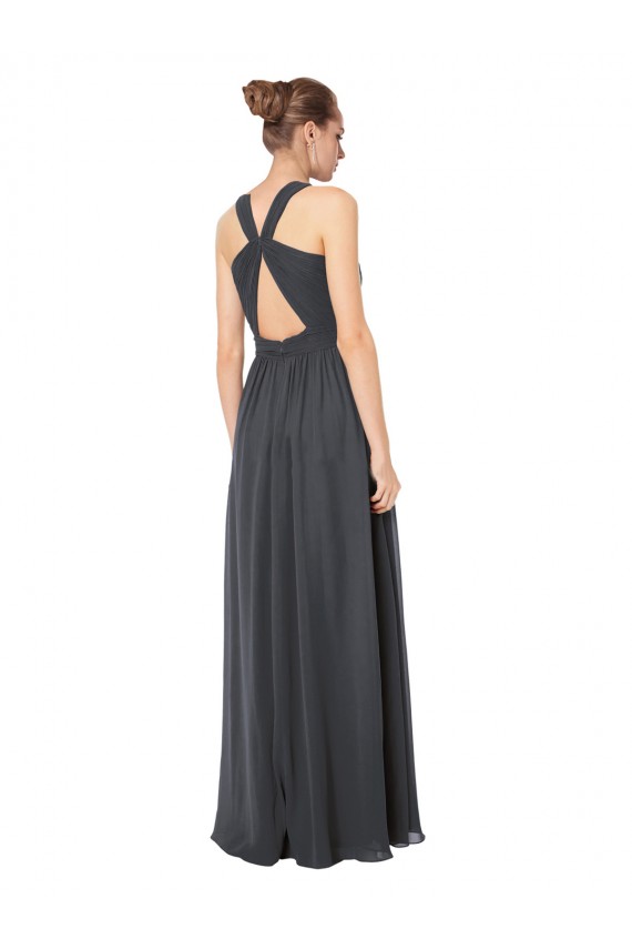 Sem Mangas Cabeçada Chiffon Prata Tempestuosa Comprimento Chão Vestidos de Madrinha Mais Barato