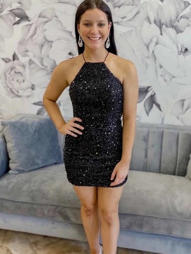 Sem Mangas Cabeçada Lantejoulas Veludo Preto Curto Vestidos de Festa Mais Barato