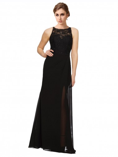 Sem Mangas Decote Alto Chiffon & Renda Preto Comprimento Chão Vestidos de Madrinha Mais Barato