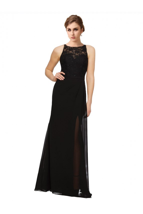 Sem Mangas Decote Alto Chiffon & Renda Preto Comprimento Chão Vestidos de Madrinha Mais Barato