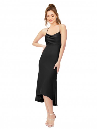 Sem Mangas Decote Capuz Cetim Sedoso Preto Alto Baixo Vestidos de Madrinha / Vestidos de Noite / Vestidos de Festa Mais Barato