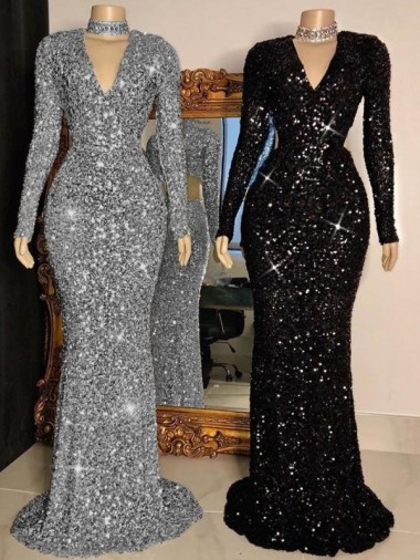 Mangas Compridas Decote V Lantejoulas Veludo Preto Comboio Varredela Vestidos de Festa Mais Barato
