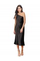 Sem Mangas Um Ombro Cetim Elástico Preto Comprimento Midi Vestidos de Madrinha / Vestidos de Noite / Vestidos de Festa Mais Barato