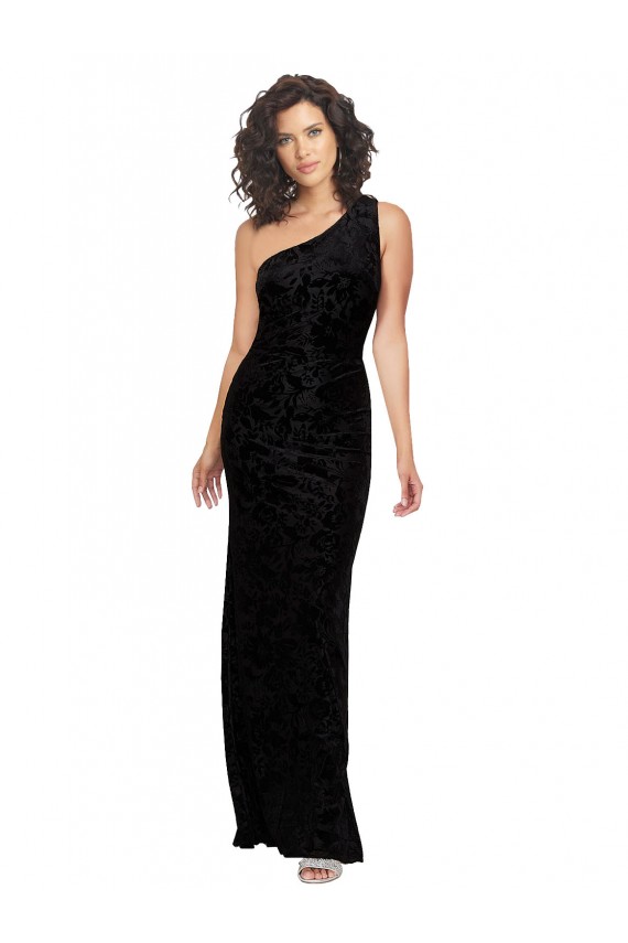 Sem Mangas Um Ombro Veludo Floral & Veludo Elástico Preto Comprimento Chão Vestidos de Madrinha Mais Barato